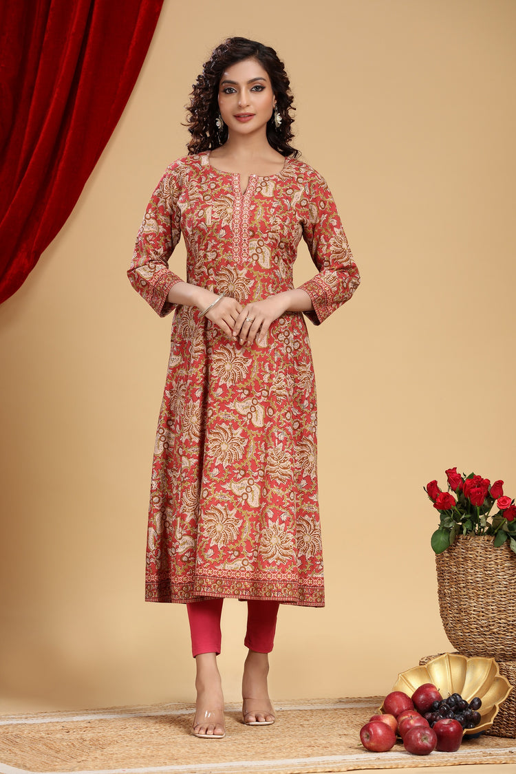 Rust Jaipuri Cotton A Line Printed Kurta