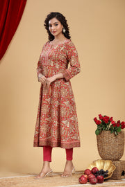 Rust Jaipuri Cotton A Line Printed Kurta