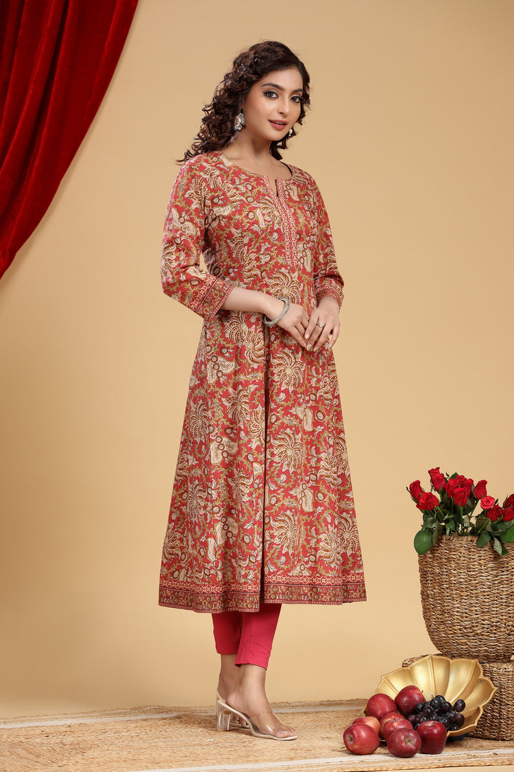 Rust Jaipuri Cotton A Line Printed Kurta