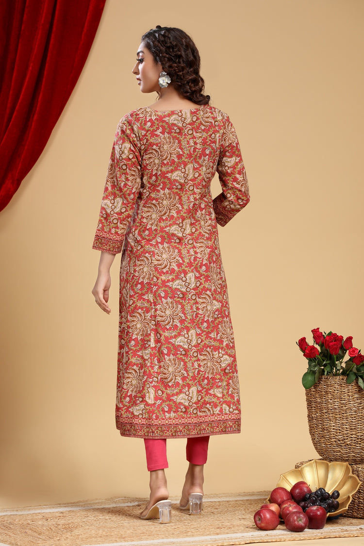 Rust Jaipuri Cotton A Line Printed Kurta