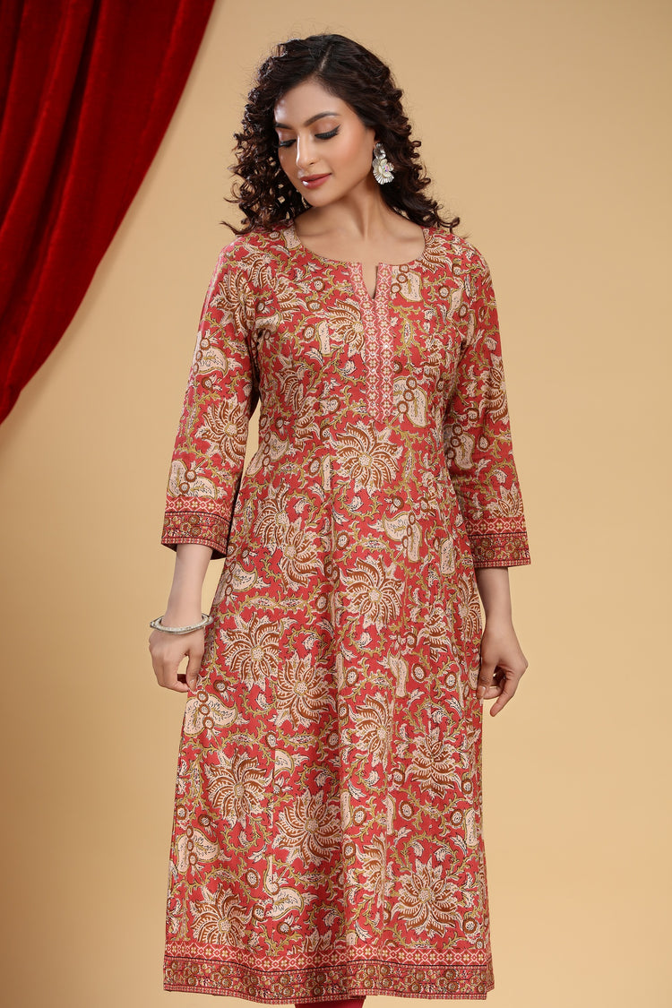 Rust Jaipuri Cotton A Line Printed Kurta