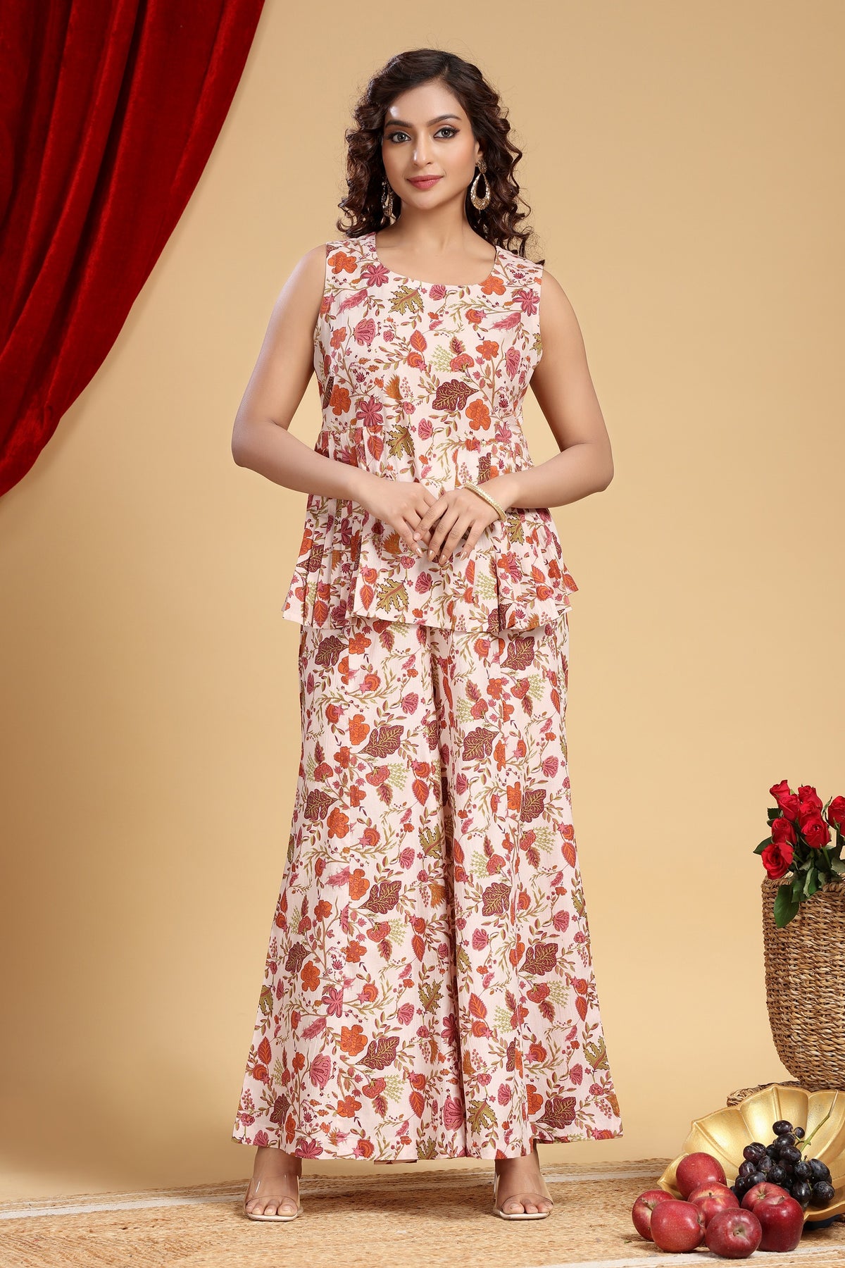 Peach Jaipuri Cotton Floral Printed Top