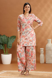 Off White & Peach Cotton Satin Printed Kurta and Pant Set