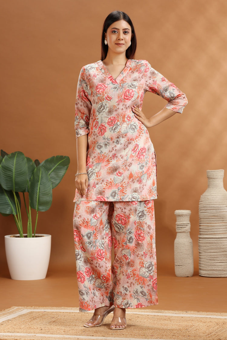 Off White & Peach Cotton Satin Printed Kurta and Pant Set