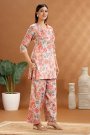 Off White & Peach Cotton Satin Printed Kurta and Pant Set