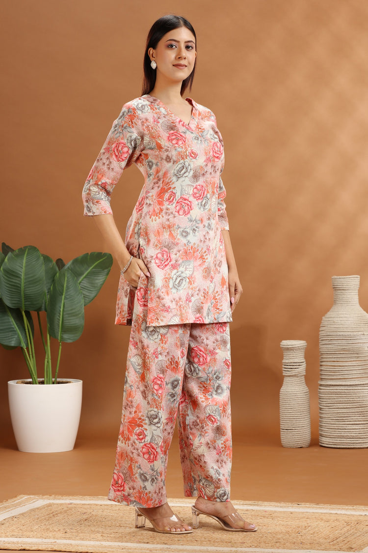 Off White & Peach Cotton Satin Printed Kurta and Pant Set