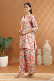Off White & Peach Cotton Satin Printed Kurta and Pant Set