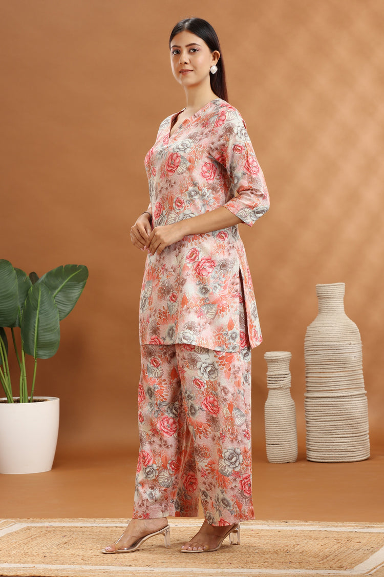 Off White & Peach Cotton Satin Printed Kurta and Pant Set