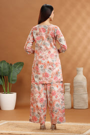 Off White & Peach Cotton Satin Printed Kurta and Pant Set