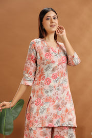 Off White & Peach Cotton Satin Printed Kurta and Pant Set