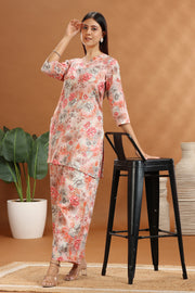 Off White & Peach Cotton Satin Printed Kurta and Pant Set