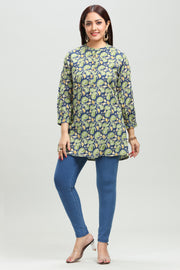 Blue & Green Handloom Cotton Straight Printed Short Kurta for women