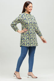 Blue & Green Handloom Cotton Straight Printed Short Kurta for women