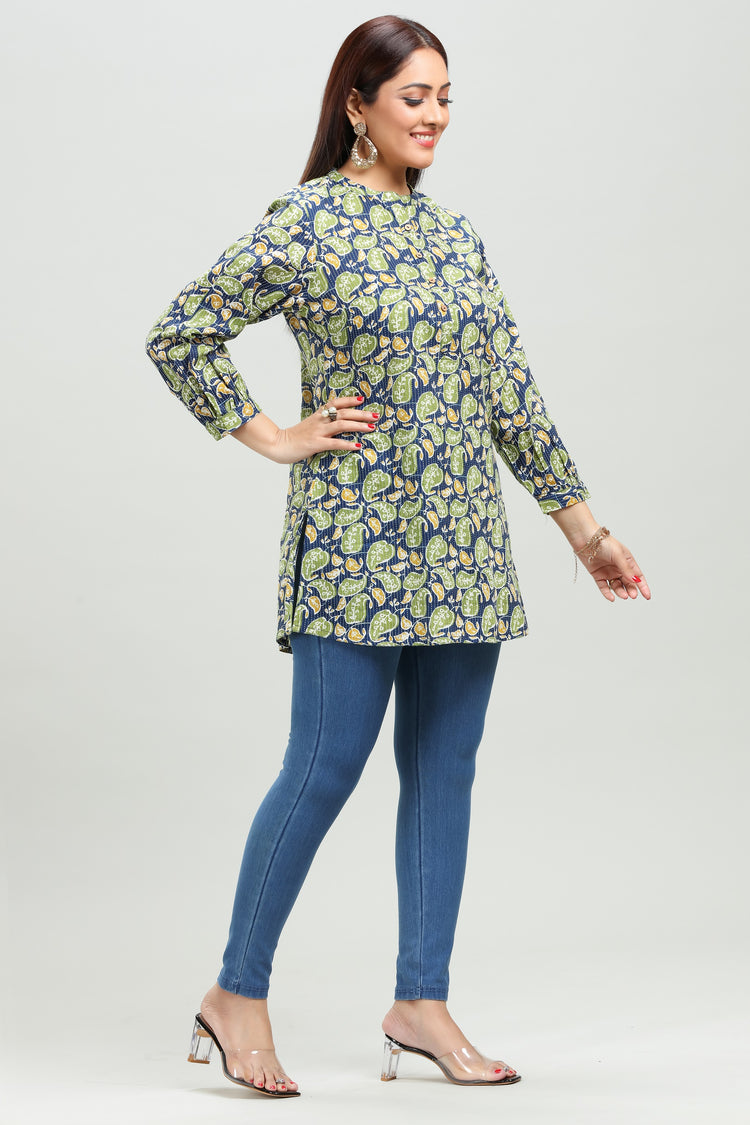 Blue & Green Handloom Cotton Straight Printed Short Kurta for women