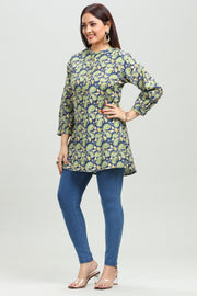 Blue & Green Handloom Cotton Straight Printed Short Kurta for women