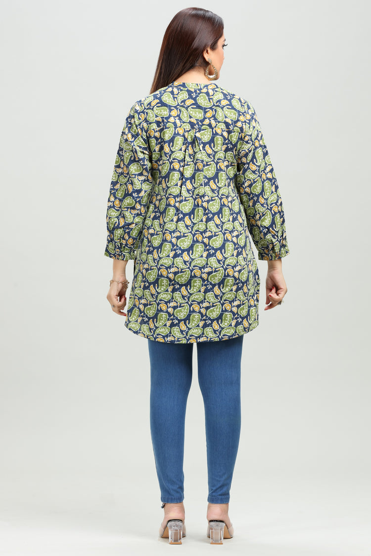 Blue & Green Handloom Cotton Straight Printed Short Kurta for women