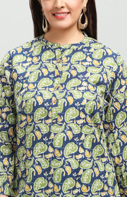 Blue & Green Handloom Cotton Straight Printed Short Kurta for women