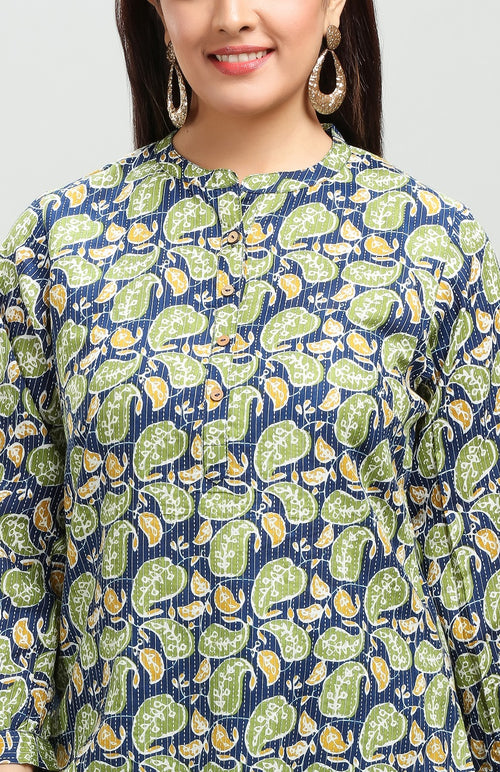 Blue & Green Handloom Cotton Straight Printed Short Kurta for women