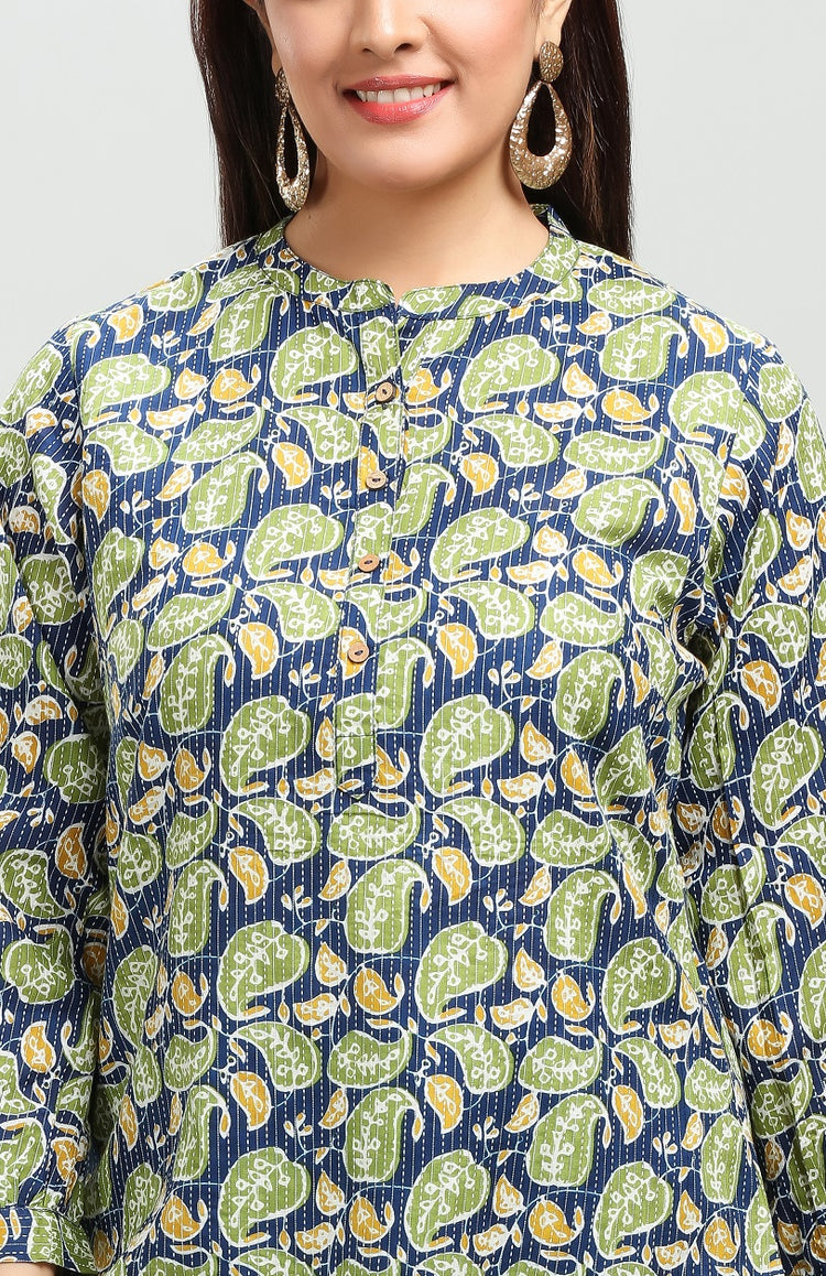 Blue & Green Handloom Cotton Straight Printed Short Kurta for women