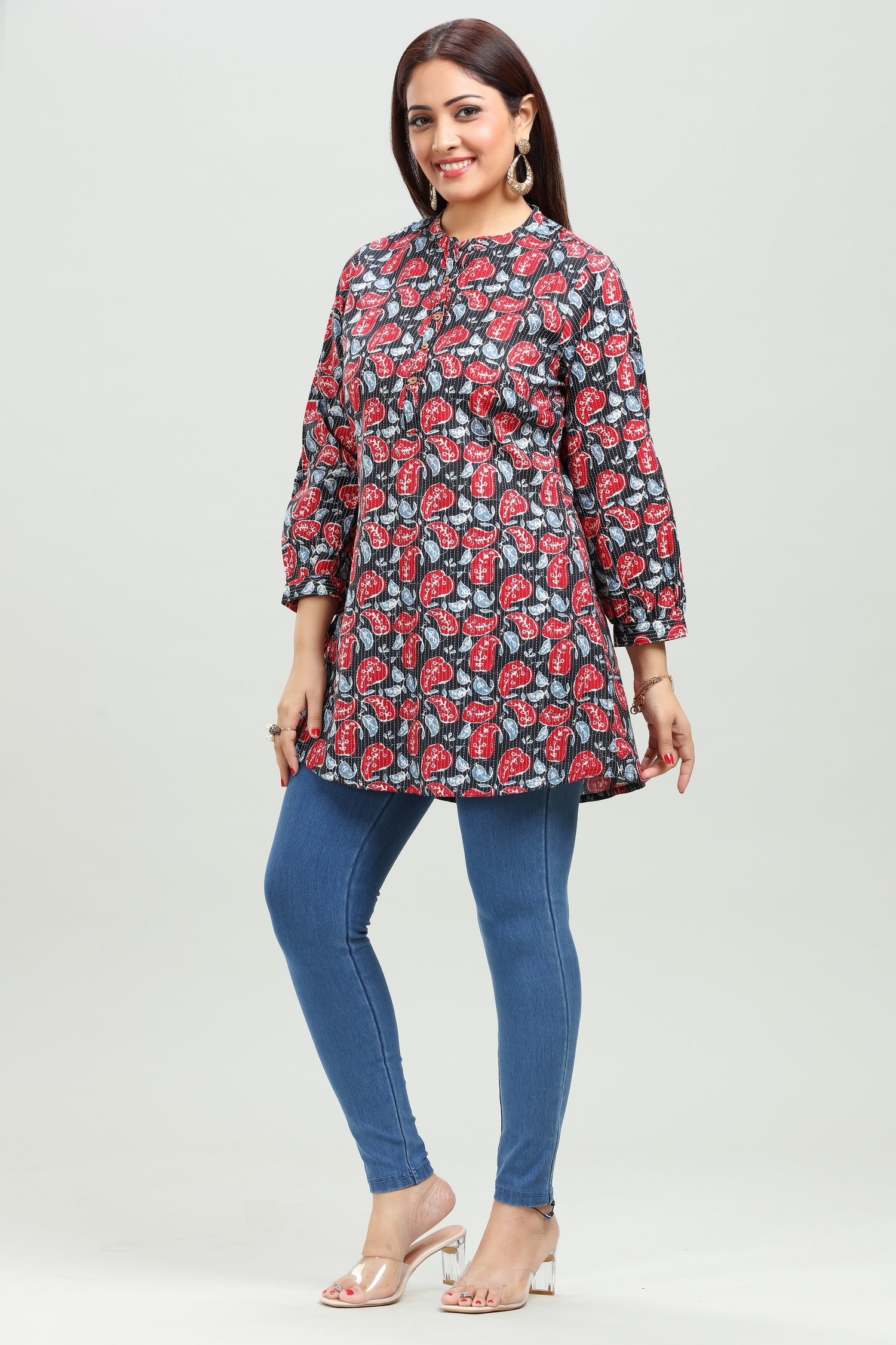 Black Handloom Cotton Straight Printed Short kurta