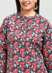 Black Handloom Cotton Straight Printed Short kurta