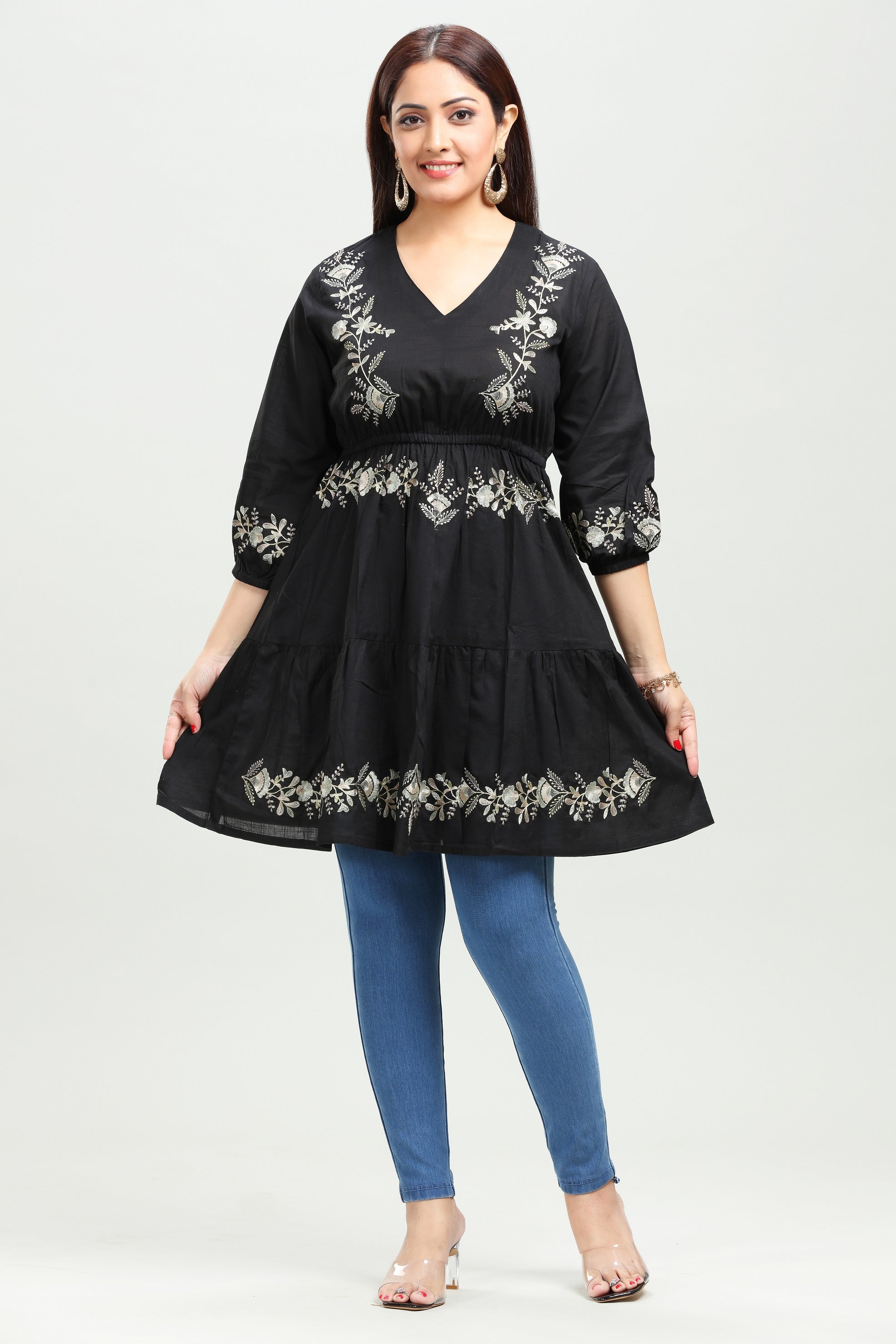 black-cotton-flared-embroidered-short-kurta
