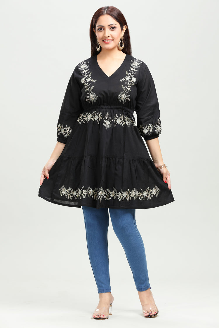 Black Cotton Flared Embroidered Short Kurta