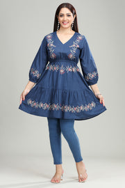 Blue Cotton Flared Embroidered Short Kurta