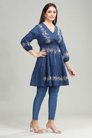 Blue Cotton Flared Embroidered Short Kurta