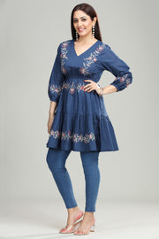 Blue Cotton Flared Embroidered Short Kurta