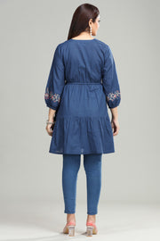 Blue Cotton Flared Embroidered Short Kurta