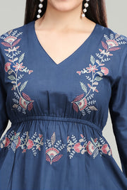 Blue Cotton Flared Embroidered Short Kurta