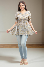 Beige Cotton Flared Printed Short Kurta