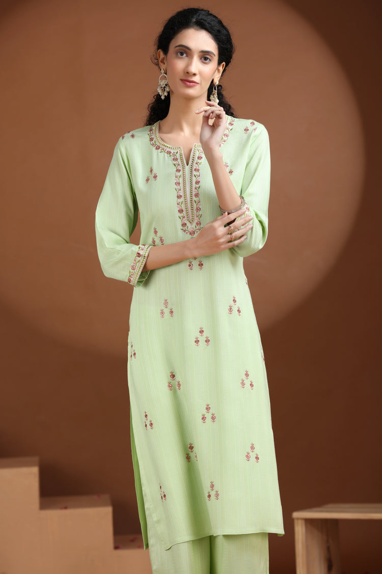 Pastel Green Embroidered Straight Cotton Co-ord Set