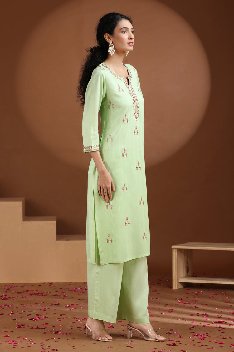 Pastel Green Embroidered Straight Cotton Co-ord Set