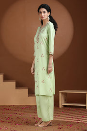 Pastel Green Embroidered Straight Cotton Co-ord Set