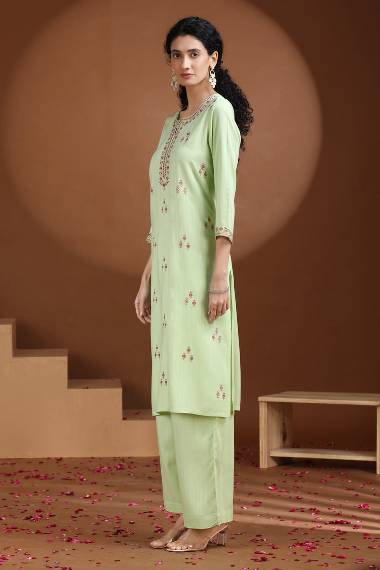 Pastel Green Embroidered Straight Cotton Co-ord Set