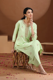 Pastel Green Embroidered Straight Cotton Co-ord Set