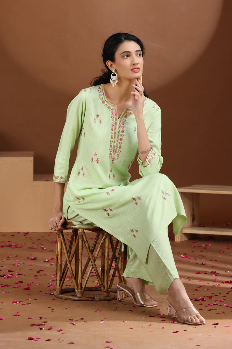Pastel Green Embroidered Straight Cotton Co-ord Set