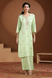Pastel Green Embroidered Straight Cotton Co-ord Set