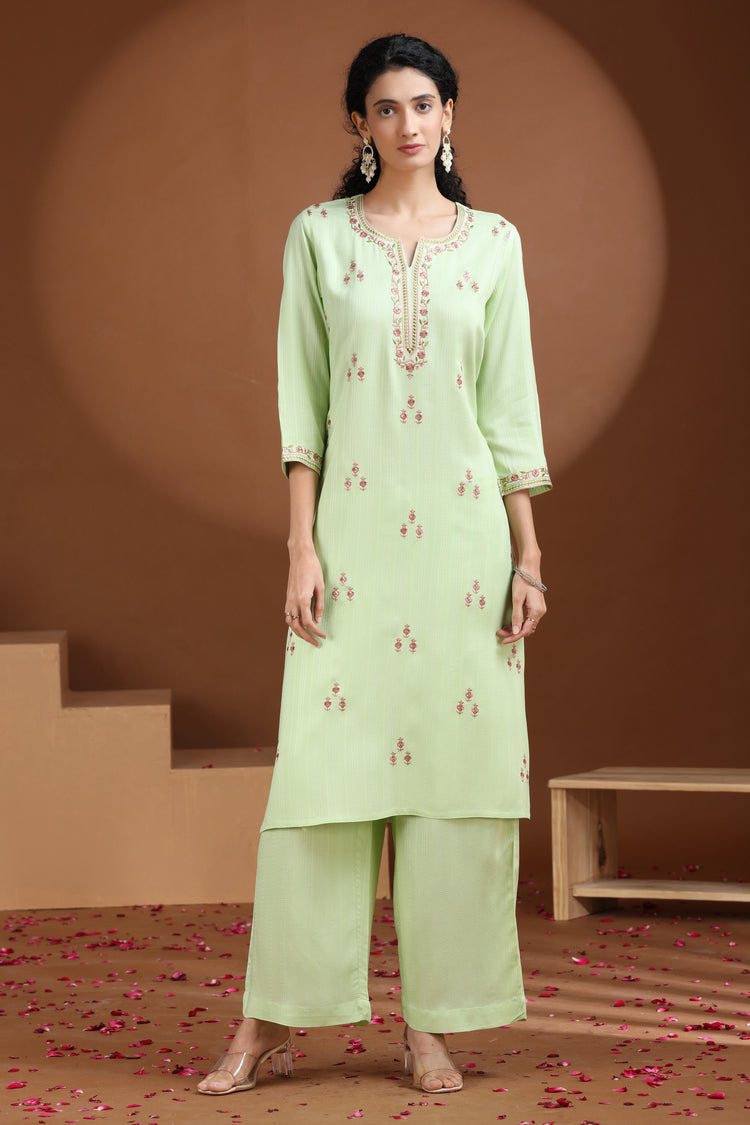 Pastel Green Embroidered Straight Cotton Co-ord Set