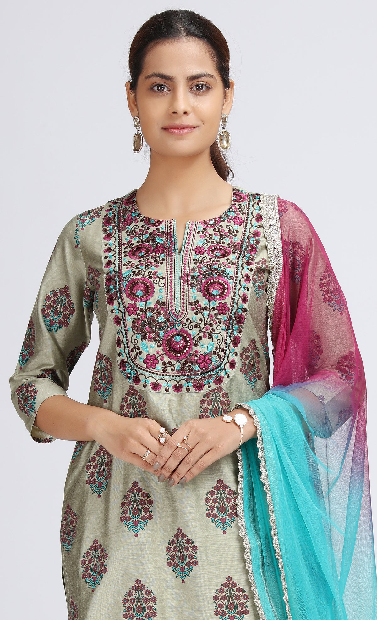 Pastel Green Embroidered Straight Ethnic Set