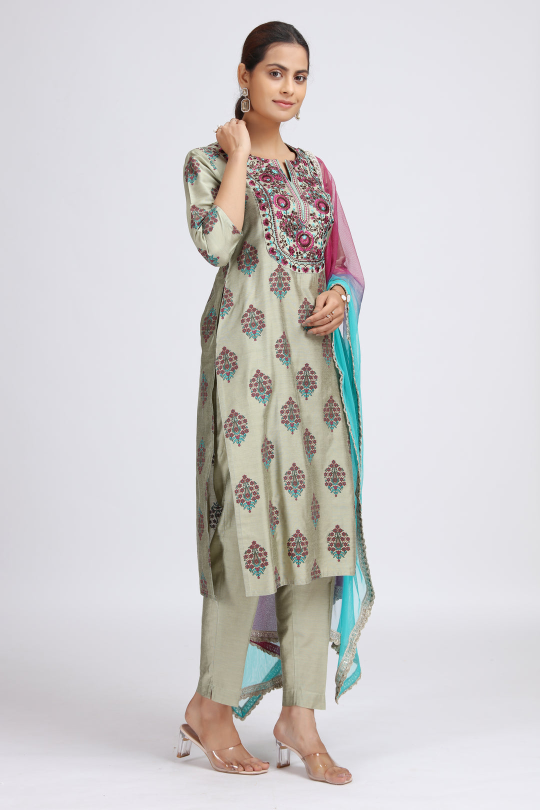 Pastel Green Embroidered Straight Ethnic Set