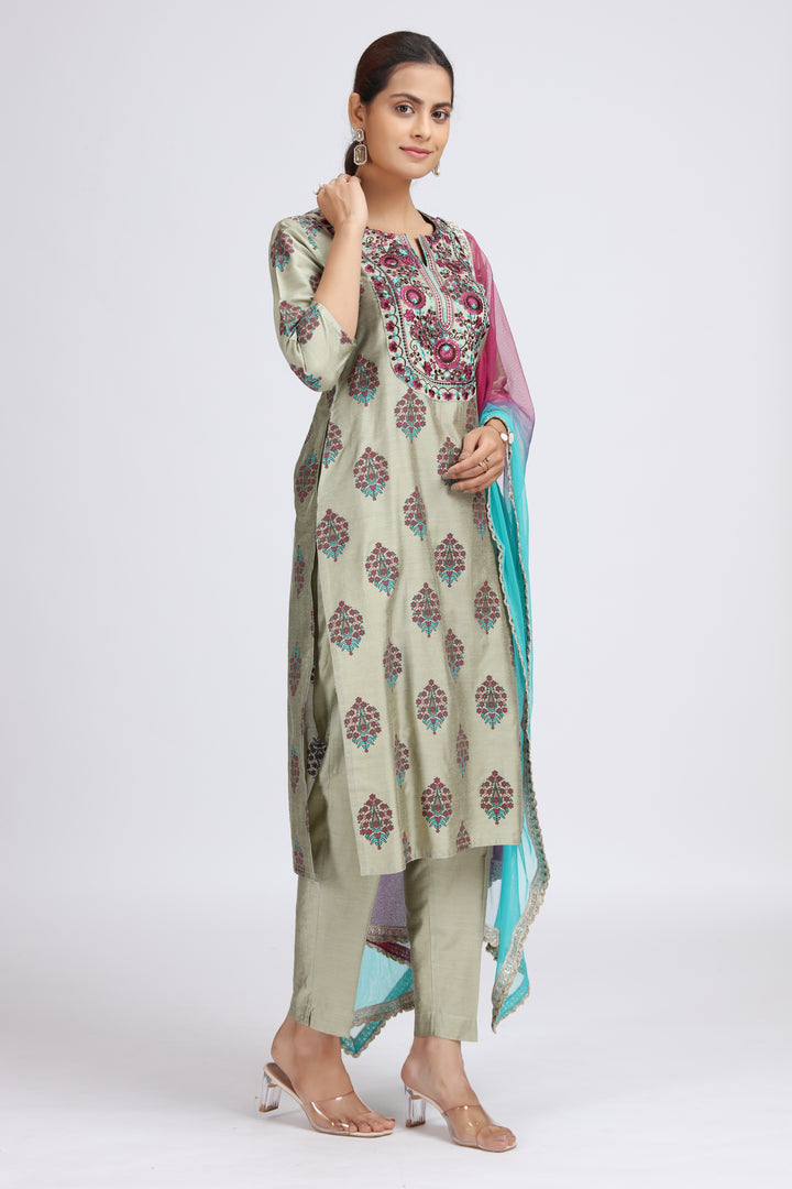 Pastel Green Embroidered Straight Ethnic Set