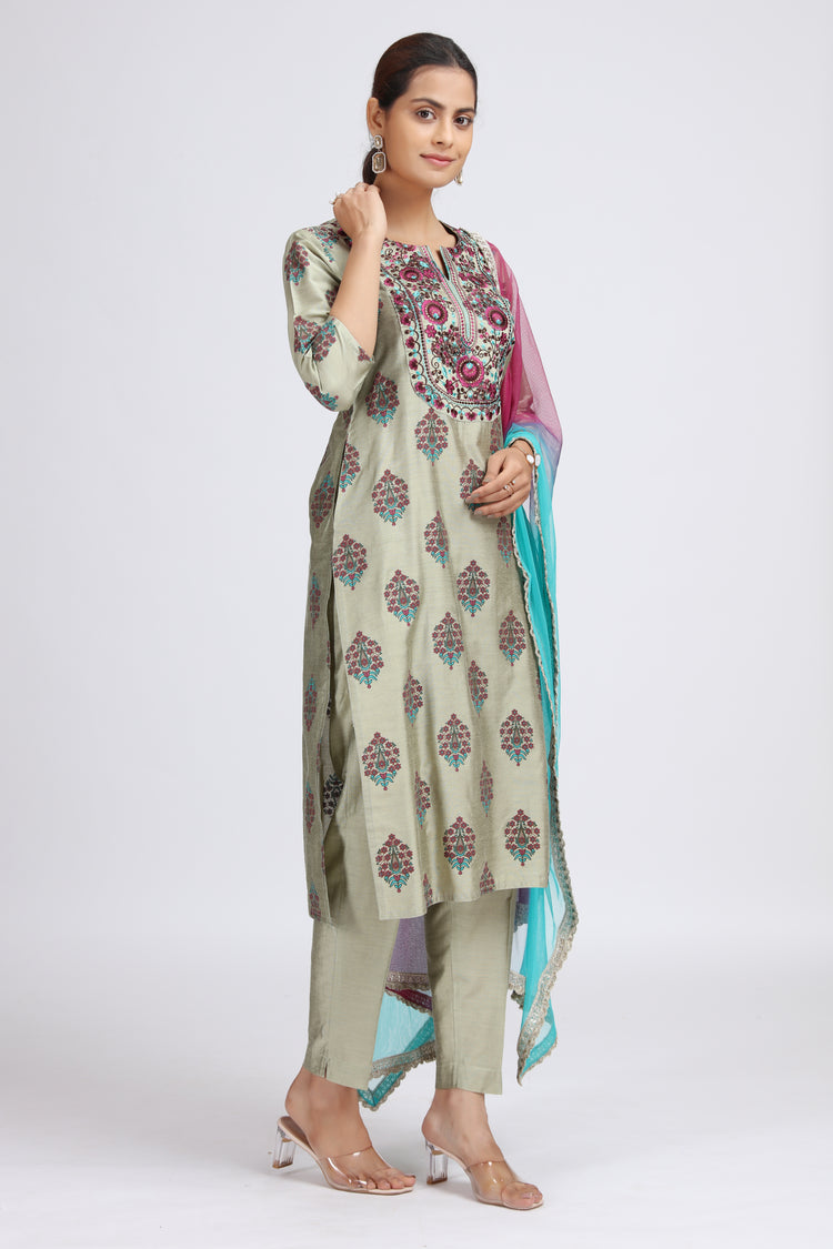 Pastel Green Embroidered Straight Ethnic Set