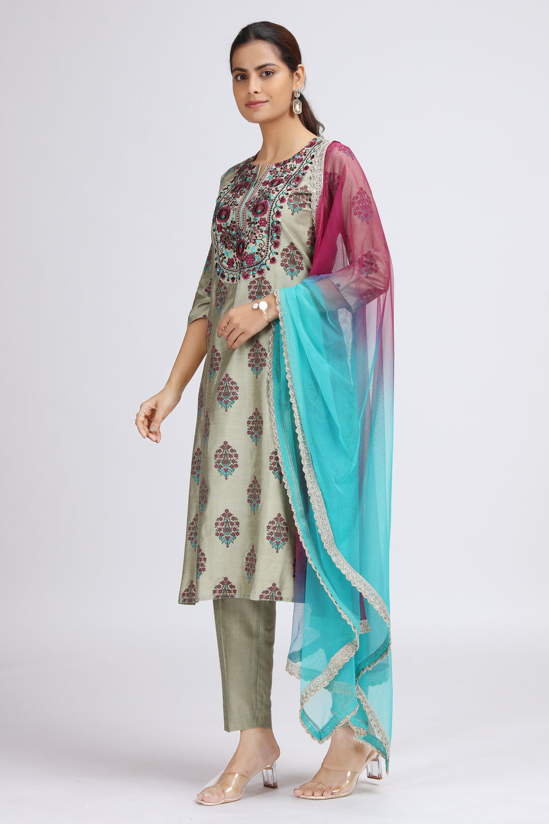 Pastel Green Embroidered Straight Ethnic Set