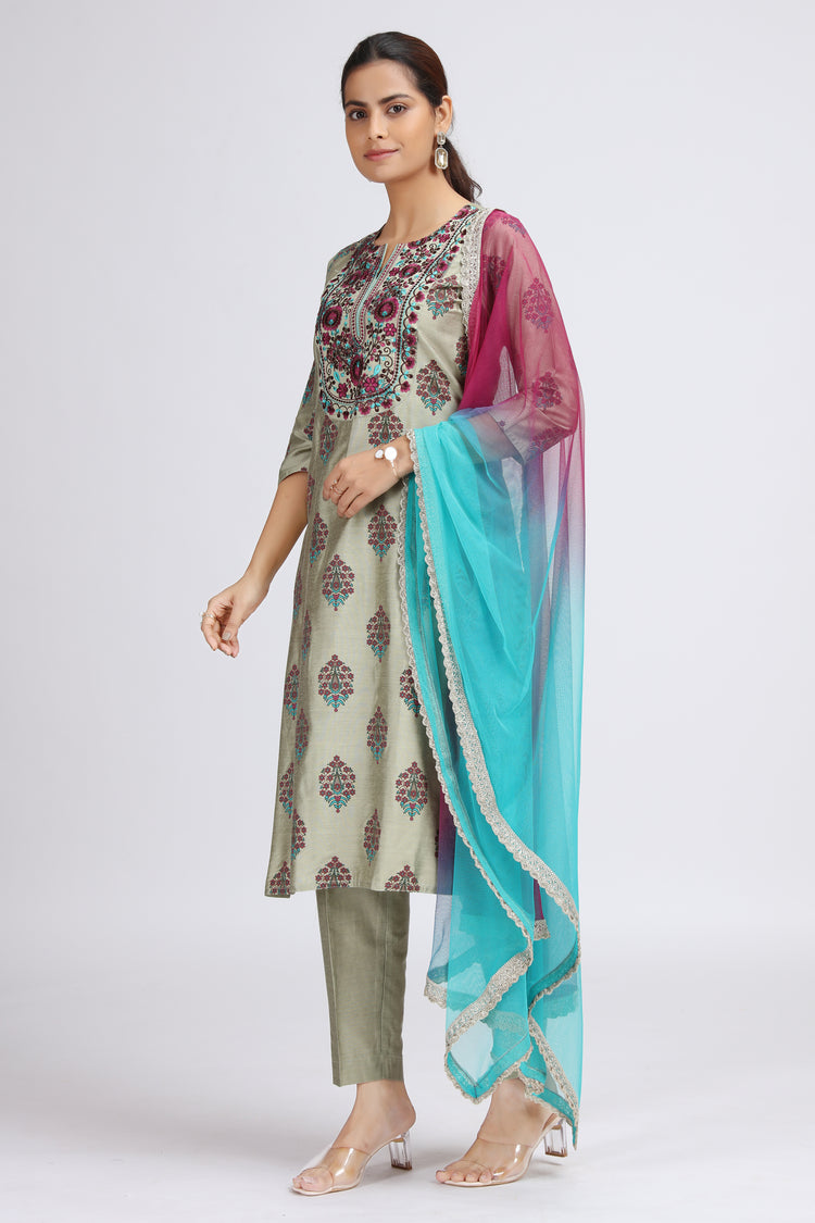 Pastel Green Embroidered Straight Ethnic Set