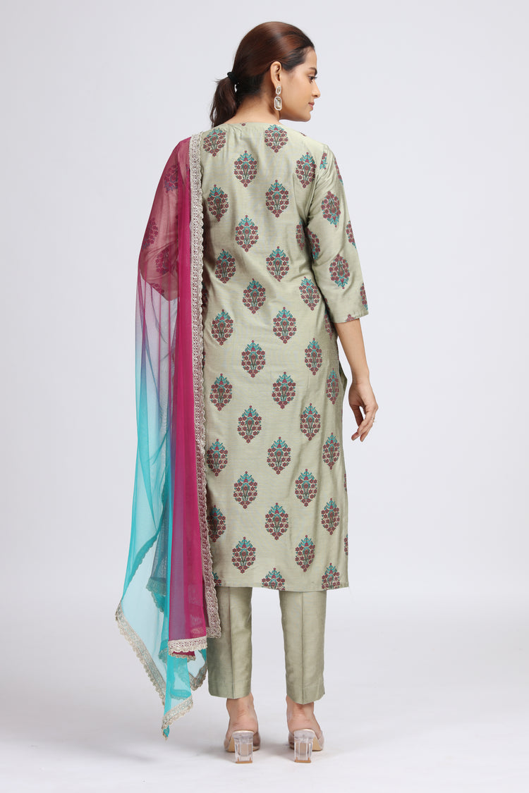 Pastel Green Embroidered Straight Ethnic Set