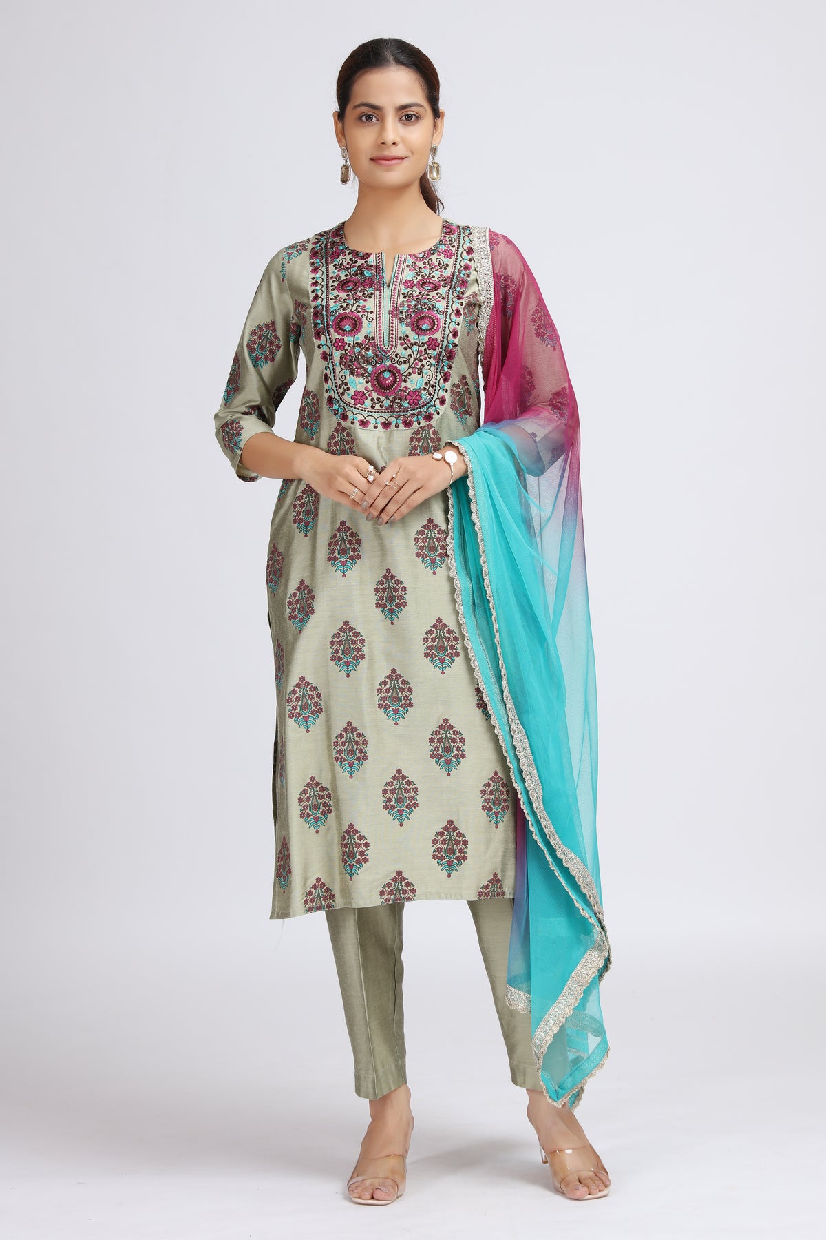 Pastel Green Embroidered Straight Ethnic Set