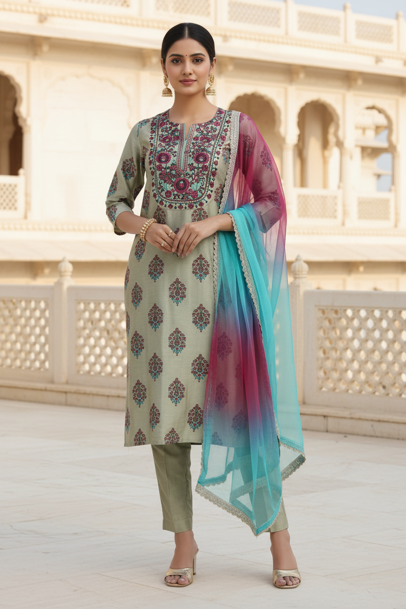 Pastel Green Embroidered Straight Ethnic Set